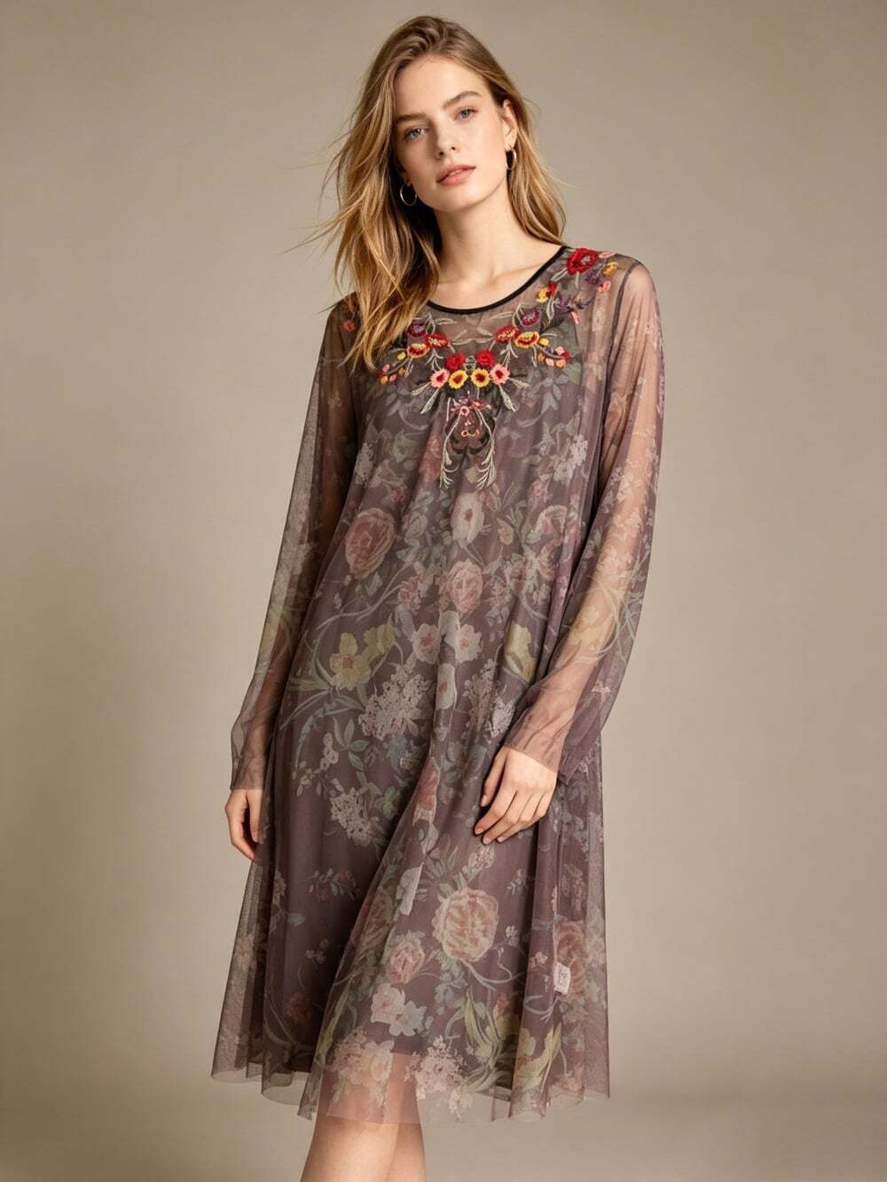 Johnny Was Brown Floral Embroidered Mesh Long-Sleeve Dress